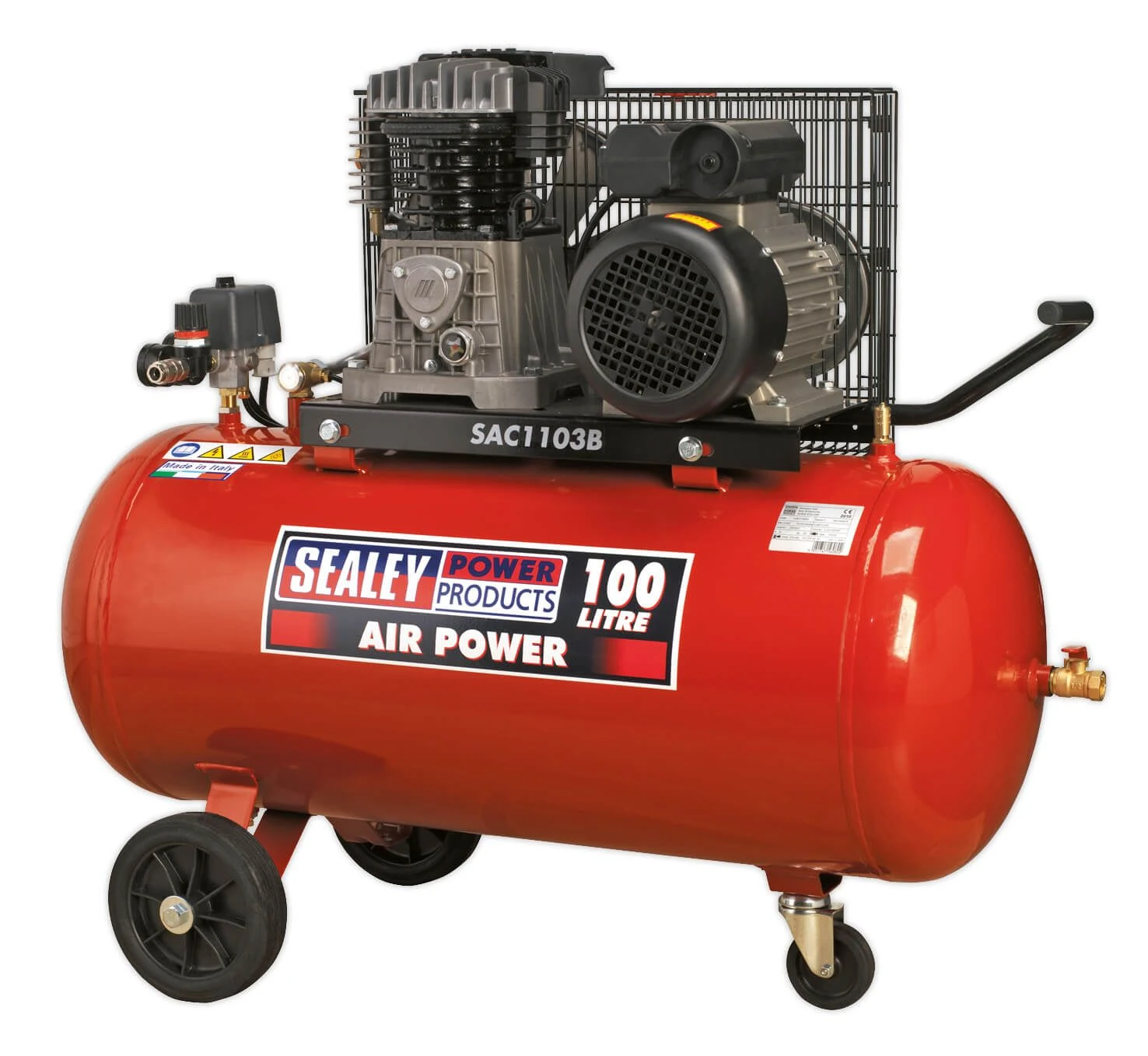 Sealey SAC1103B Compressor 100ltr Belt Drive 3hp With Cast Cylinders & Wheels